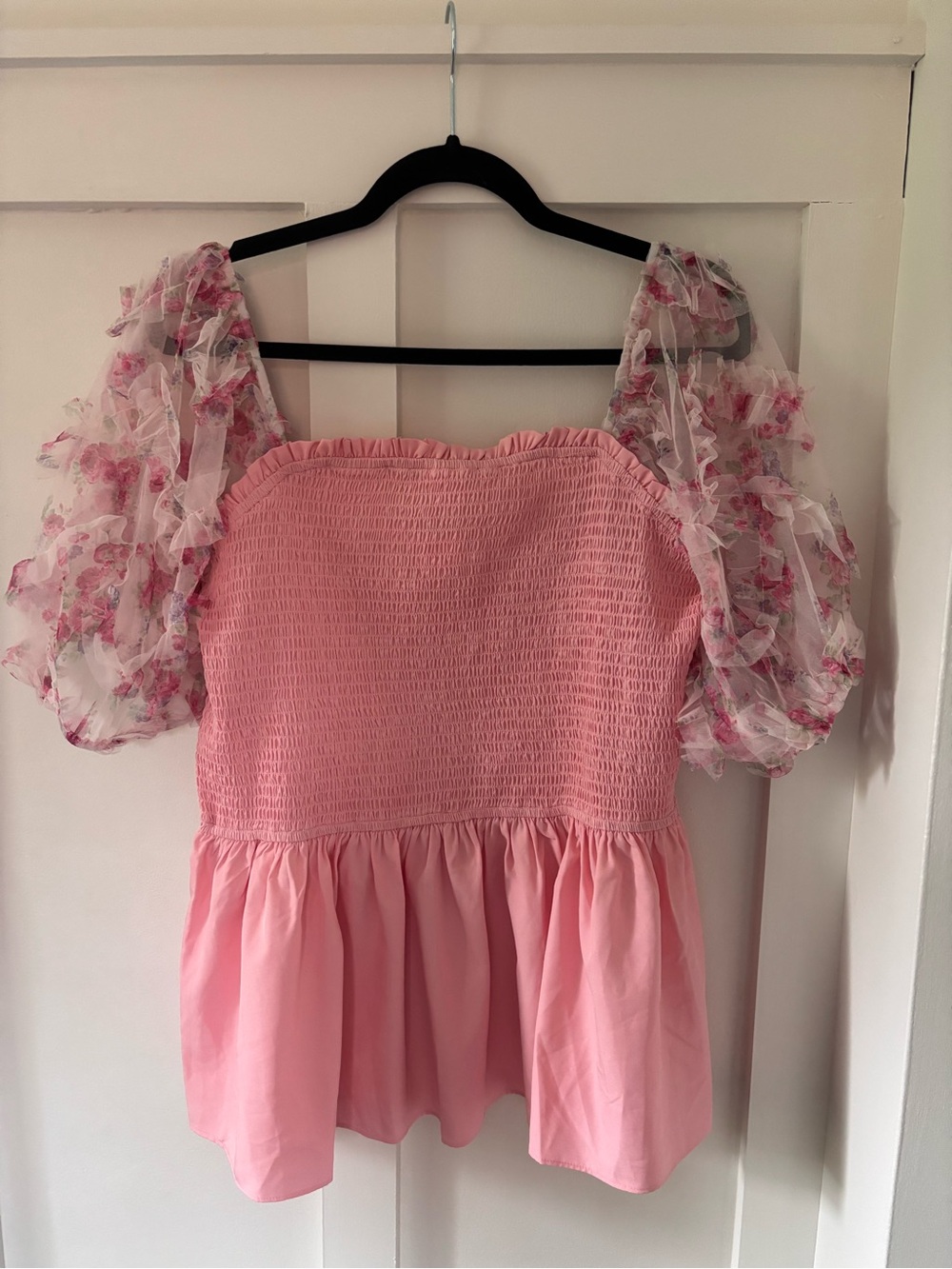 ChicSoul Pink Smocked Peplum Top with Floral Puff Sleeves 1XL
